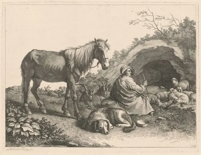 Framed Print : Seated Shepherd with Horse, Dog, Goats and Sheep, after 1776. Creator: Francesco Londonio Framed Print : Seated Shepherd with Horse, Dog, Goats and Sheep, after 1776. Creator: Francesco Londonio