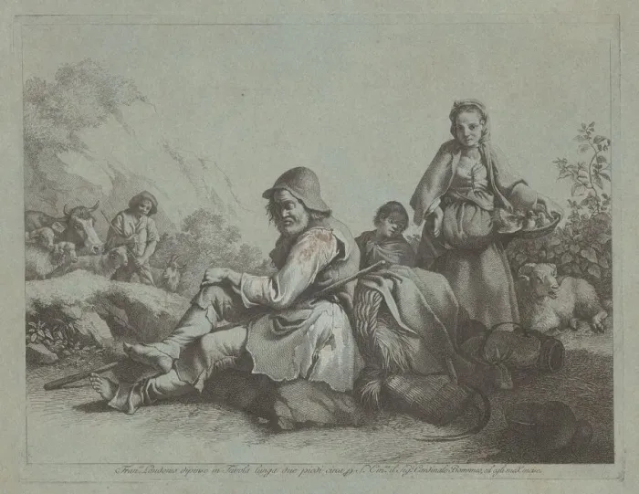 Framed Print : Seated Shepherd and a Peasant Woman with a Basket, 1759 / 1782. Creator: Francesco Londonio Framed Print : Seated Shepherd and a Peasant Woman with a Basket, 1759 / 1782. Creator: Francesco Londonio