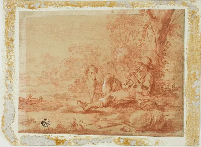 Framed Print : Seated Shepherd Playing the Pipe Under a Tree, n.d. Creator: Unknown Framed Print : Seated Shepherd Playing the Pipe Under a Tree, n.d. Creator: Unknown
