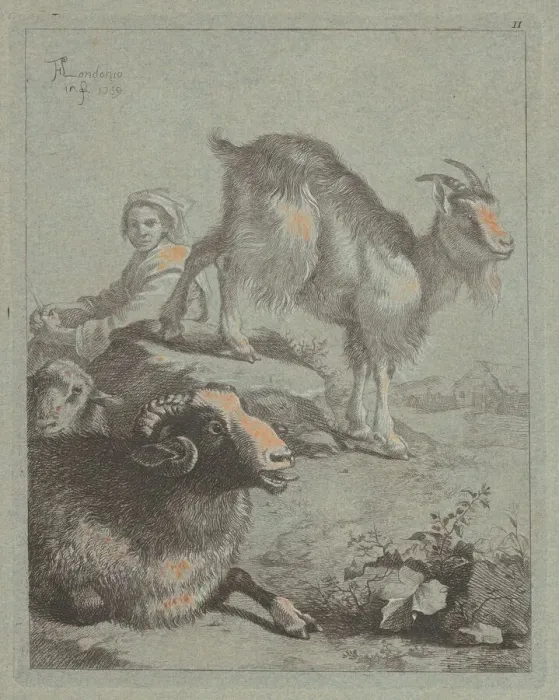 Framed Print : Seated Shepherdess, a Ram, a Sheep and a Goat, 1759. Creator: Francesco Londonio Framed Print : Seated Shepherdess, a Ram, a Sheep and a Goat, 1759. Creator: Francesco Londonio