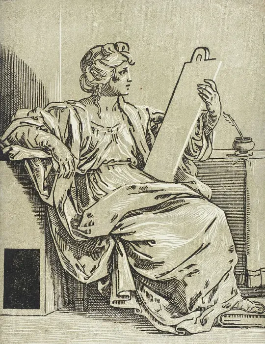 Framed Print : Seated Sibyl with Tablet, c1640. Creators: Bartolomeo Coriolano, Guido Reni Framed Print : Seated Sibyl with Tablet, c1640. Creators: Bartolomeo Coriolano, Guido Reni