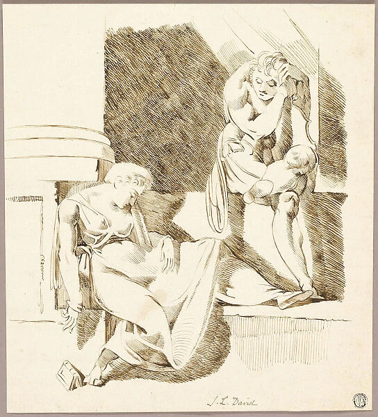 Seated Troubadour Looking at Woman Asleep on Ledge, n.d. Creator: Unknown