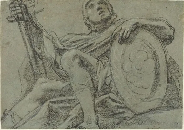 Framed Print : Seated Warrior Holding a Sword and Shield [recto], c. 1612. Creator: Giacomo Cavedone