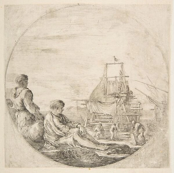 A seated white sailor and a standing black sailor, people building a ship in the backg