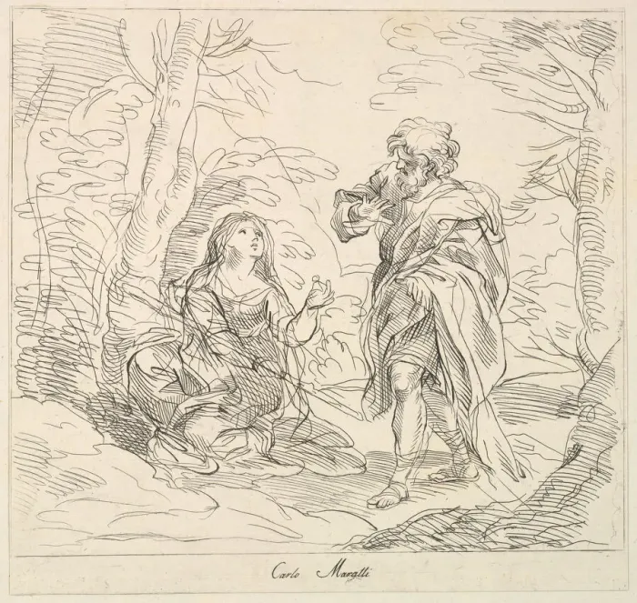 Framed Print : Seated woman and Bearded Man in a Landscape, 1740-1802. Creator: Giuseppe Canale Framed Print : Seated woman and Bearded Man in a Landscape, 1740-1802. Creator: Giuseppe Canale