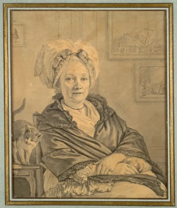 Framed Print : Seated Woman with a Cat, c. 1776. Creator: Jean-Michel the Younger Moreau (French, 1741-1814) Framed Print : Seated Woman with a Cat, c. 1776. Creator: Jean-Michel the Younger Moreau (French, 1741-1814)