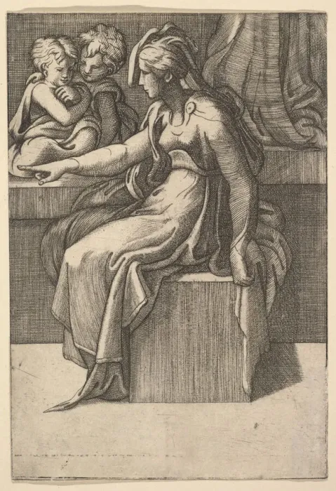 Framed Print : Seated Woman with two Children, 16th century. Creator: Unknown Framed Print : Seated Woman with two Children, 16th century. Creator: Unknown