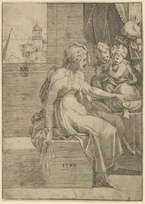 Framed Print : Seated woman with two children (Virgin with Christ and St John the Baptist?), 1540. Creator: Leon Davent Framed Print : Seated woman with two children (Virgin with Christ and St John the Baptist?), 1540. Creator: Leon Davent