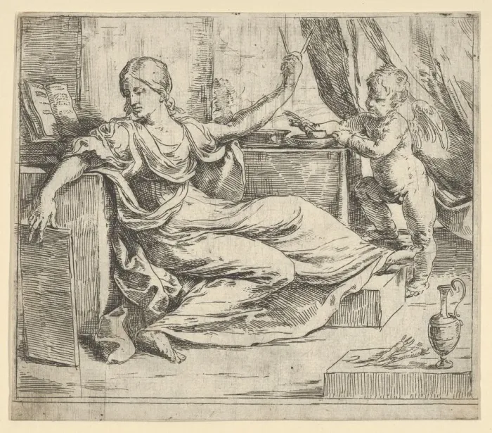Framed Print : Seated woman holding a tablet and compass (allegory of learning), a winged putto... ca Framed Print : Seated woman holding a tablet and compass (allegory of learning), a winged putto... ca