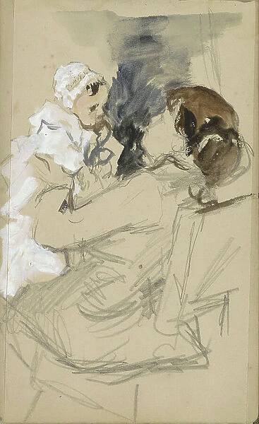 Seated woman lifting a baby, 1834-1911. Creator: Jozef Israels