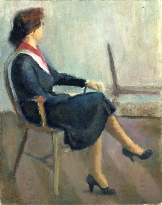 Framed Print : Seated woman in navy blue, 1952. Creator: Shirley Markham Framed Print : Seated woman in navy blue, 1952. Creator: Shirley Markham