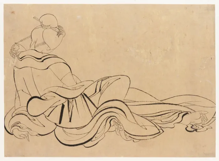 Framed Print : Seated woman scratching her head, late 18th-early 19th century. Creator: Hokusai Framed Print : Seated woman scratching her head, late 18th-early 19th century. Creator: Hokusai