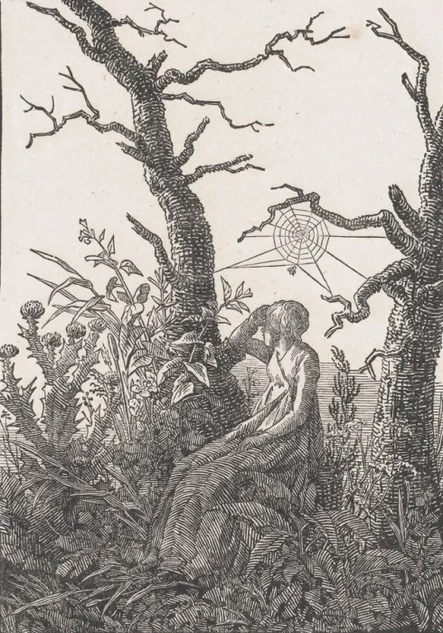 Framed Print : Seated Woman with a Spider's Web (Die Frau mit dem Spinnennnetz zwischen kahlen B... probably 1803. Creator: Christian Friedrich) Framed Print : Seated Woman with a Spider's Web (Die Frau mit dem Spinnennnetz zwischen kahlen B... probably 1803. Creator: Christian Friedrich)