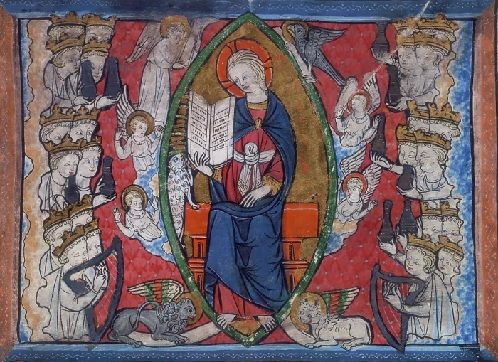 Framed Print : A seated woman surrounded by angels, 14th century. Creator: Unknown Framed Print : A seated woman surrounded by angels, 14th century. Creator: Unknown