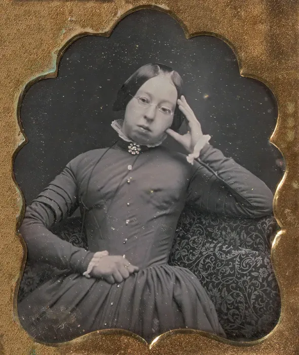Framed Print : Seated Woman Wearing Glasses, 1850-55. Creator: Unknown Framed Print : Seated Woman Wearing Glasses, 1850-55. Creator: Unknown
