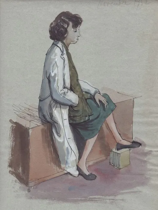 Framed Print : Seated woman in white coat, 1952. Creator: Shirley Markham Framed Print : Seated woman in white coat, 1952. Creator: Shirley Markham