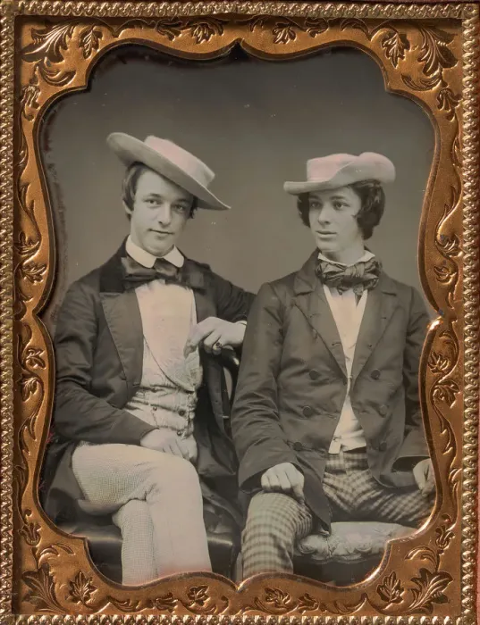 Framed Print : Two Seated Young Men Wearing Gingham Trousers, Bow Ties, and Brimmed, Soft Hats, 1850s Framed Print : Two Seated Young Men Wearing Gingham Trousers, Bow Ties, and Brimmed, Soft Hats, 1850s