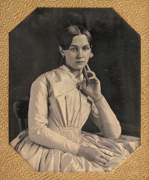 Framed Print : Seated Young Woman with Hand Raised to Jawline, 1840s-50s. Creator: Unknown Framed Print : Seated Young Woman with Hand Raised to Jawline, 1840s-50s. Creator: Unknown