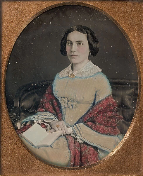Seated Young Woman Wearing a Shawl, Holding an Open Book in her Lap, 1850s