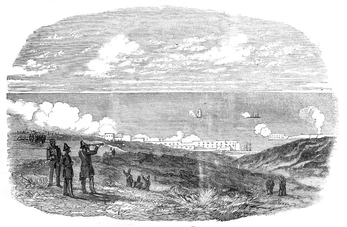 Framed Print : Sebastopol Batteries Firing at an Austrian Vessel, 1854. Creator: Unknown Framed Print : Sebastopol Batteries Firing at an Austrian Vessel, 1854. Creator: Unknown