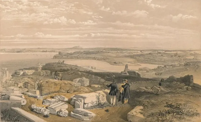 Framed Print : Sebastopol from Old Chersonese and Ancient Church of St Vladimir, 1856. Artists: William Simpson, E Walker