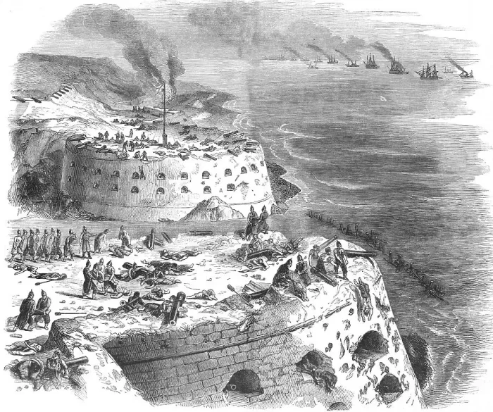 Framed Print : Sebastopol; Scene the morning after the Naval attack on Sebastopol - The upper batteries... 1854. Creator: Unknown Framed Print : Sebastopol; Scene the morning after the Naval attack on Sebastopol - The upper batteries... 1854. Creator: Unknown