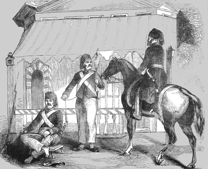 Framed Print : Sebastopol; Turkish Soldiers on Guard, before the introduction of the New Disipline, 1854. Creator: Unknown Framed Print : Sebastopol; Turkish Soldiers on Guard, before the introduction of the New Disipline, 1854. Creator: Unknown