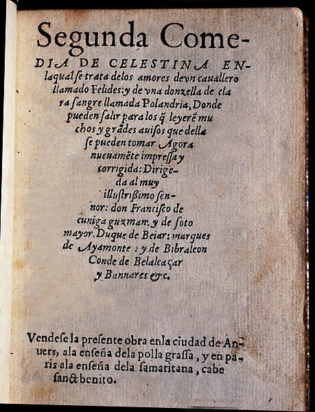 Second Comedy of Celestina by Feliciano de Silva, cover of the printed edition in 1550