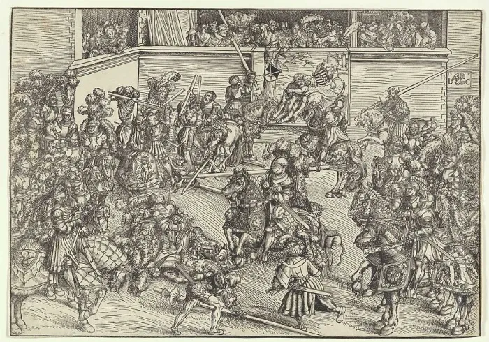 Framed Print : The second tournament with Samson and the lion on the balcony carpet, 1509. Creator: Cranach, Lucas, the Elder (1472-1553) Framed Print : The second tournament with Samson and the lion on the balcony carpet, 1509. Creator: Cranach, Lucas, the Elder (1472-1553)