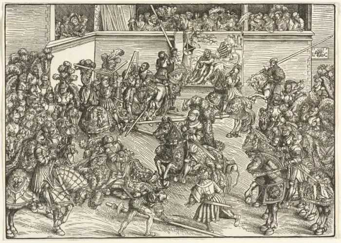 Framed Print : The Second Tournament with the Tapestry of Sampson and the Lion, 1509. Creator: Lucas Cranach Framed Print : The Second Tournament with the Tapestry of Sampson and the Lion, 1509. Creator: Lucas Cranach