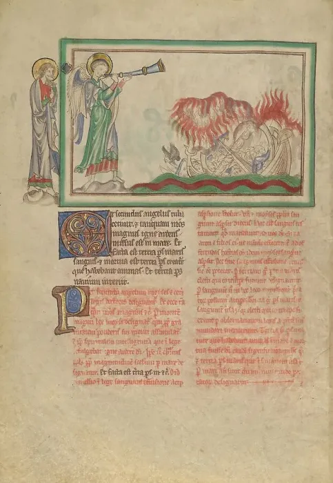 Framed Print : The Second Trumpet: The Burning Mountain in the Sea; Dyson Perrins Apocalypse, about 1255-1260. Creator: Unknown Framed Print : The Second Trumpet: The Burning Mountain in the Sea; Dyson Perrins Apocalypse, about 1255-1260. Creator: Unknown