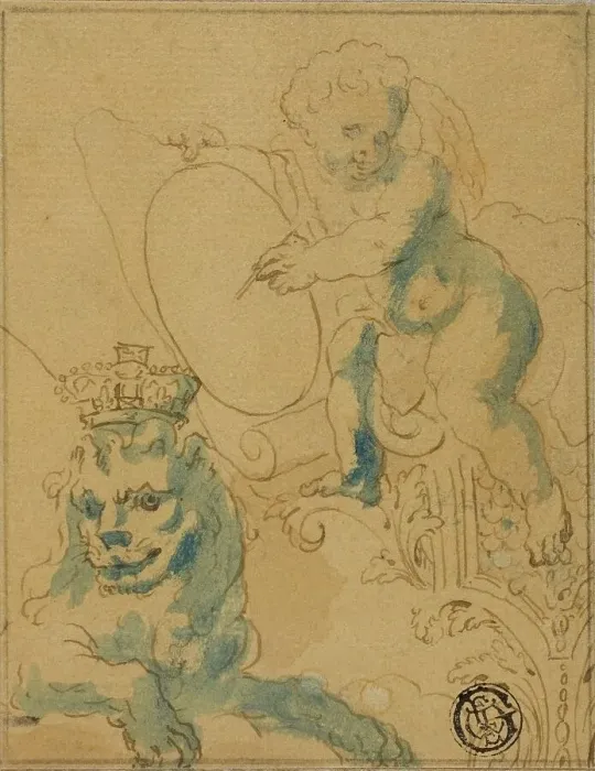 Framed Print : Section of Ceiling Decoration with Cupid with Scroll and Lion with Crown, n.d. Creator: Unknown Framed Print : Section of Ceiling Decoration with Cupid with Scroll and Lion with Crown, n.d. Creator: Unknown