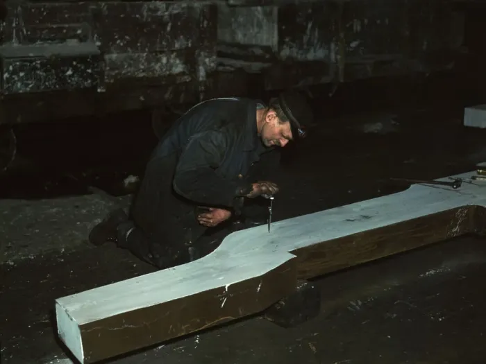 Framed Print : Section of a locomotive frame, which will be welded to replace a broken... train, Chicago, 1942. Creator: Jack Delano Framed Print : Section of a locomotive frame, which will be welded to replace a broken... train, Chicago, 1942. Creator: Jack Delano