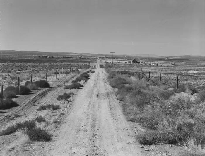 Framed Print : Section of lone road approaching the Schroeder place, Dead Ox Flat, Malheur County, Oregon, 1939. Creator: Dorothea Lange Framed Print : Section of lone road approaching the Schroeder place, Dead Ox Flat, Malheur County, Oregon, 1939. Creator: Dorothea Lange