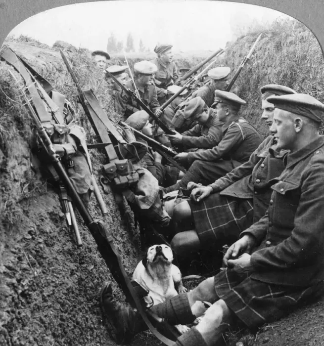 Framed Print : A section of Seaforth Highlanders snatching a moments respite, World War I, c1914-c1918. Artist: Realistic Travels Publishers Framed Print : A section of Seaforth Highlanders snatching a moments respite, World War I, c1914-c1918. Artist: Realistic Travels Publishers