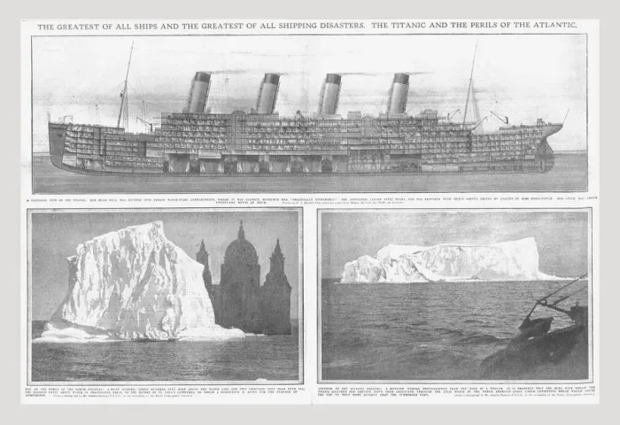 Framed Print : Sectional diagram of the Titanic, and icebergs, April 20, 1912. Creator: Unknown Framed Print : Sectional diagram of the Titanic, and icebergs, April 20, 1912. Creator: Unknown