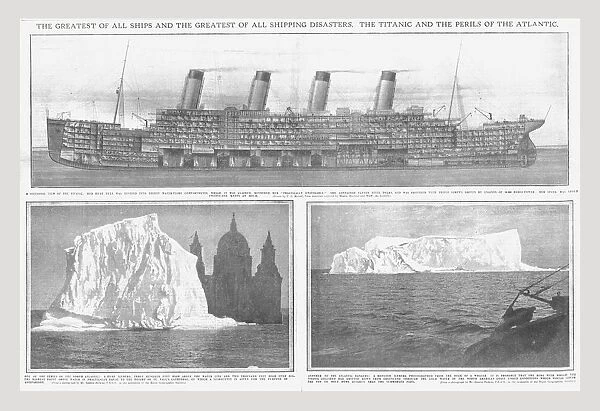 Sectional diagram of the Titanic, and icebergs, April 20, 1912. Creator: Unknown