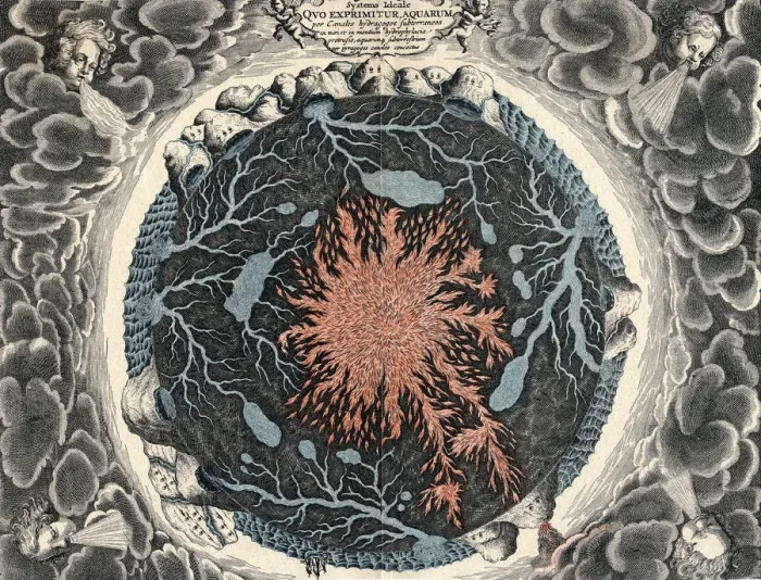 Framed Print : Sectional view of the Earth, showing central fire and underground canals linked to oceans, 1665 Framed Print : Sectional view of the Earth, showing central fire and underground canals linked to oceans, 1665