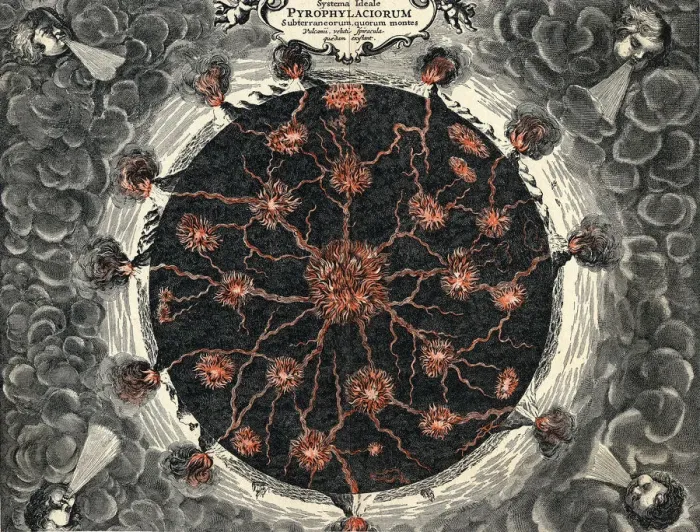 Framed Print : Sectional view of the Earth, showing central fire and volcanoes, 1665 Framed Print : Sectional view of the Earth, showing central fire and volcanoes, 1665