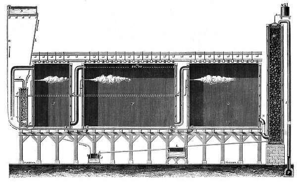 Sectional view of lead chambers for large-scale production of sulphuric acid, 1870