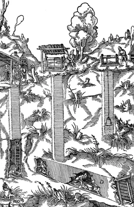 Framed Print : Sectional view of a mine showing shafts and galleries, 1556 Framed Print : Sectional view of a mine showing shafts and galleries, 1556