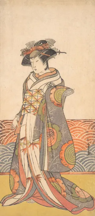 Framed Print : The Third Segawa Kikunojo as a Woman Standing in a Room Having a Wave-pattern Dado, ca. 1779. Creator: Shunsho Framed Print : The Third Segawa Kikunojo as a Woman Standing in a Room Having a Wave-pattern Dado, ca. 1779. Creator: Shunsho