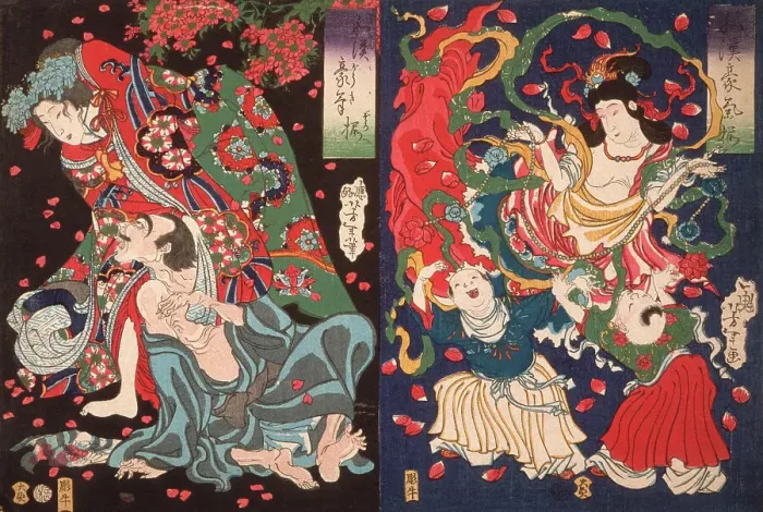 Framed Print : Seigen and Sakurahime; Angel with Two Children, 1868. Creator: Tsukioka Yoshitoshi Framed Print : Seigen and Sakurahime; Angel with Two Children, 1868. Creator: Tsukioka Yoshitoshi