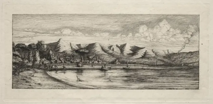 Framed Print : Seine Fishing off Charcoal Burners Point, Akaroa, 1865. Creator: Charles Meryon (French Framed Print : Seine Fishing off Charcoal Burners Point, Akaroa, 1865. Creator: Charles Meryon (French