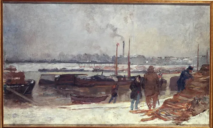Framed Print : The Seine, at the Quai d'Austerlitz, snow effect, c1900. Creator: Auguste Lepere Framed Print : The Seine, at the Quai d'Austerlitz, snow effect, c1900. Creator: Auguste Lepere