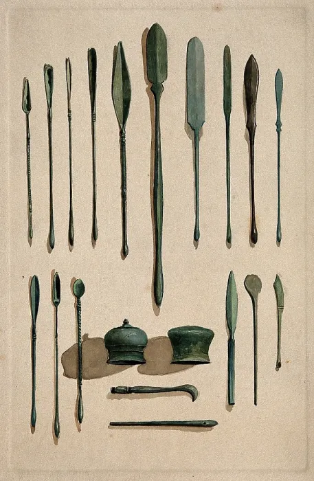 Framed Print : A selection of ancient Roman surgical instruments, 1850-1910. Creator: Unknown Framed Print : A selection of ancient Roman surgical instruments, 1850-1910. Creator: Unknown