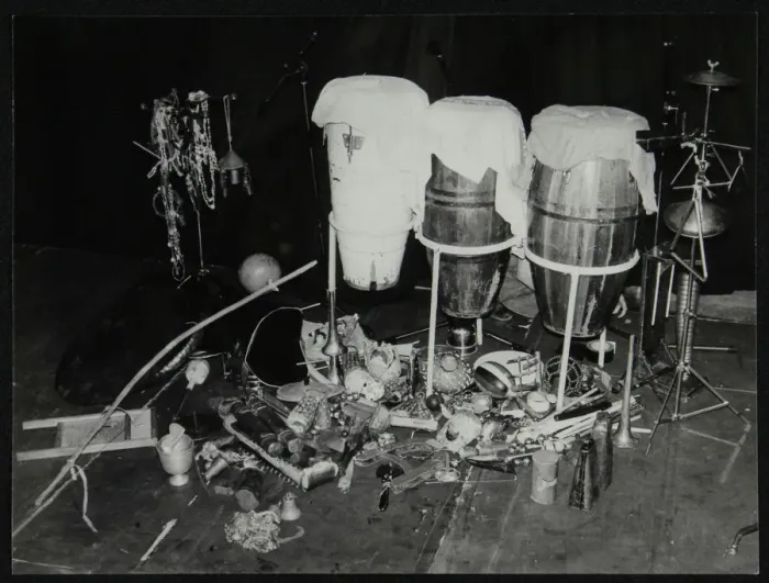 Framed Print : A selection of Brazilian percussionist Guilherme Francos instruments, Middlesbrough, 1978 Framed Print : A selection of Brazilian percussionist Guilherme Francos instruments, Middlesbrough, 1978