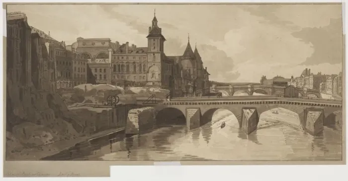 Framed Print : Selection of Twenty of the Most Picturesque Views in Paris: View of Pont au Change, 1802 Framed Print : Selection of Twenty of the Most Picturesque Views in Paris: View of Pont au Change, 1802