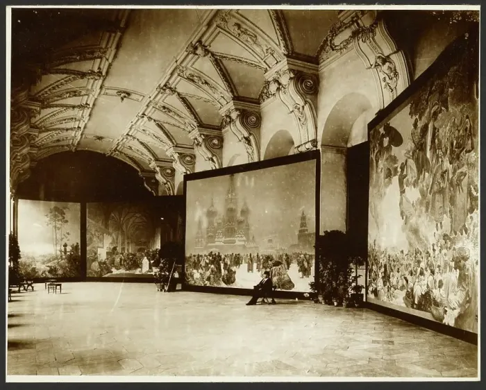 Framed Print : Self-Portrait of Alphonse-Marie Mucha at the First Exhibition of the Slavs Epic at...about 1980. Creator: Alphonse Mucha Framed Print : Self-Portrait of Alphonse-Marie Mucha at the First Exhibition of the Slavs Epic at...about 1980. Creator: Alphonse Mucha