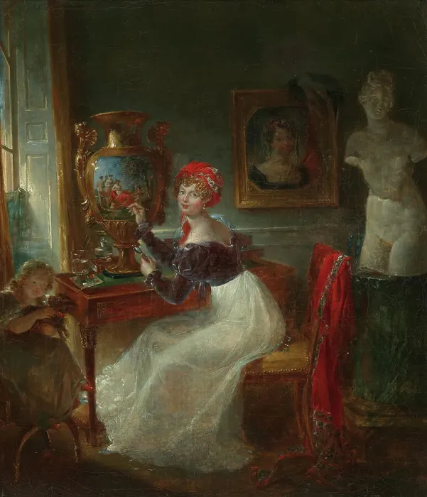 Framed Print : Self-portrait of the artist painting porcelain in her studio. Creator: Jaquotot, Marie Victoire (1772-1855) Framed Print : Self-portrait of the artist painting porcelain in her studio. Creator: Jaquotot, Marie Victoire (1772-1855)